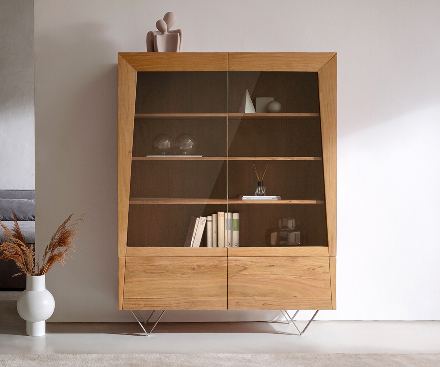Висок шкаф 115x150 cm Акация Натурал 2 Стъклени врати V-Крак Kayu 1