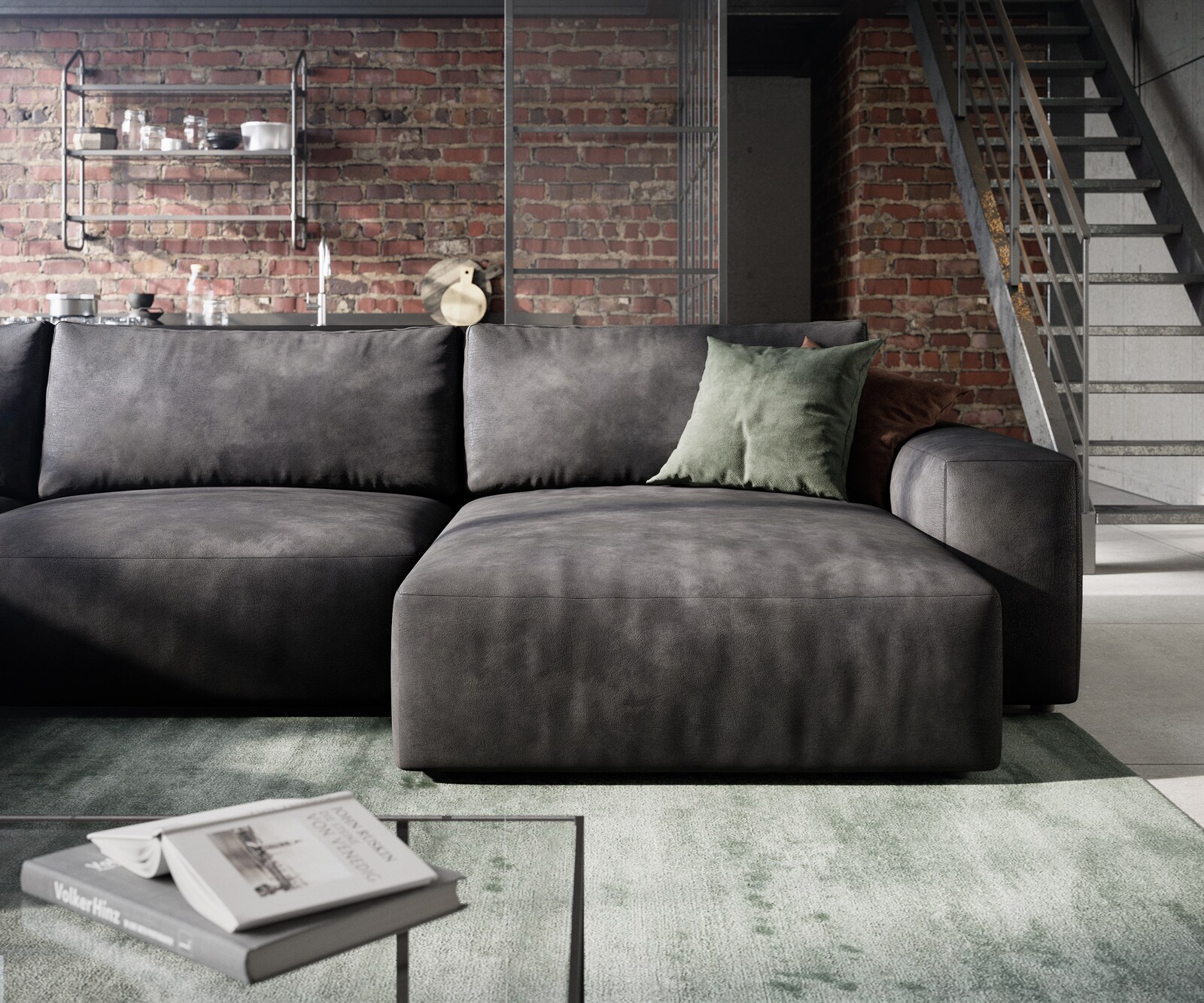 Холна гарнитура Lanzo 300x210 см имитация на кожа винтидж антрацит Recamiere променлива с осман 5