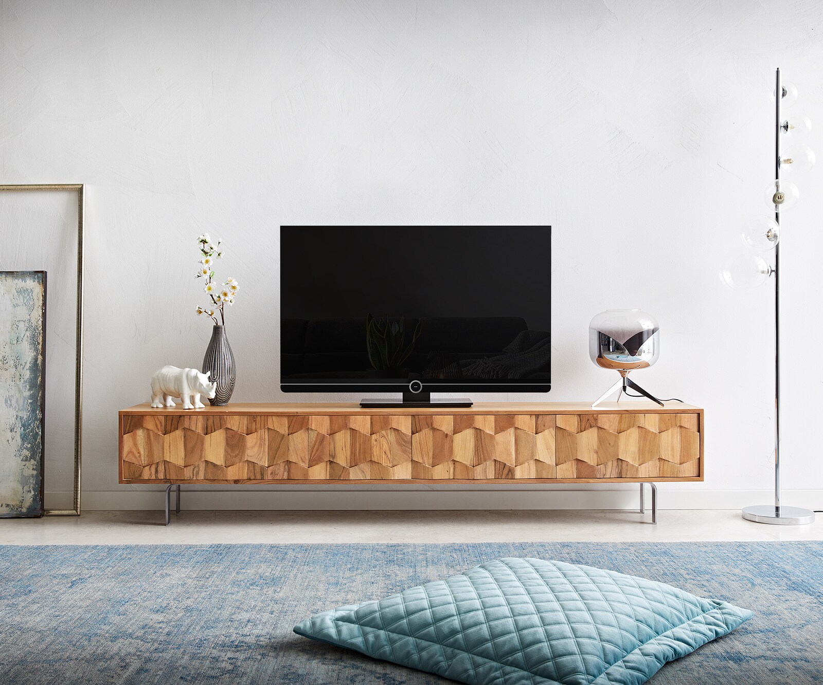 ТВ шкаф Fevo 200 cm Масив Акация, 4 Врати, Г-Крак, Натурален  1