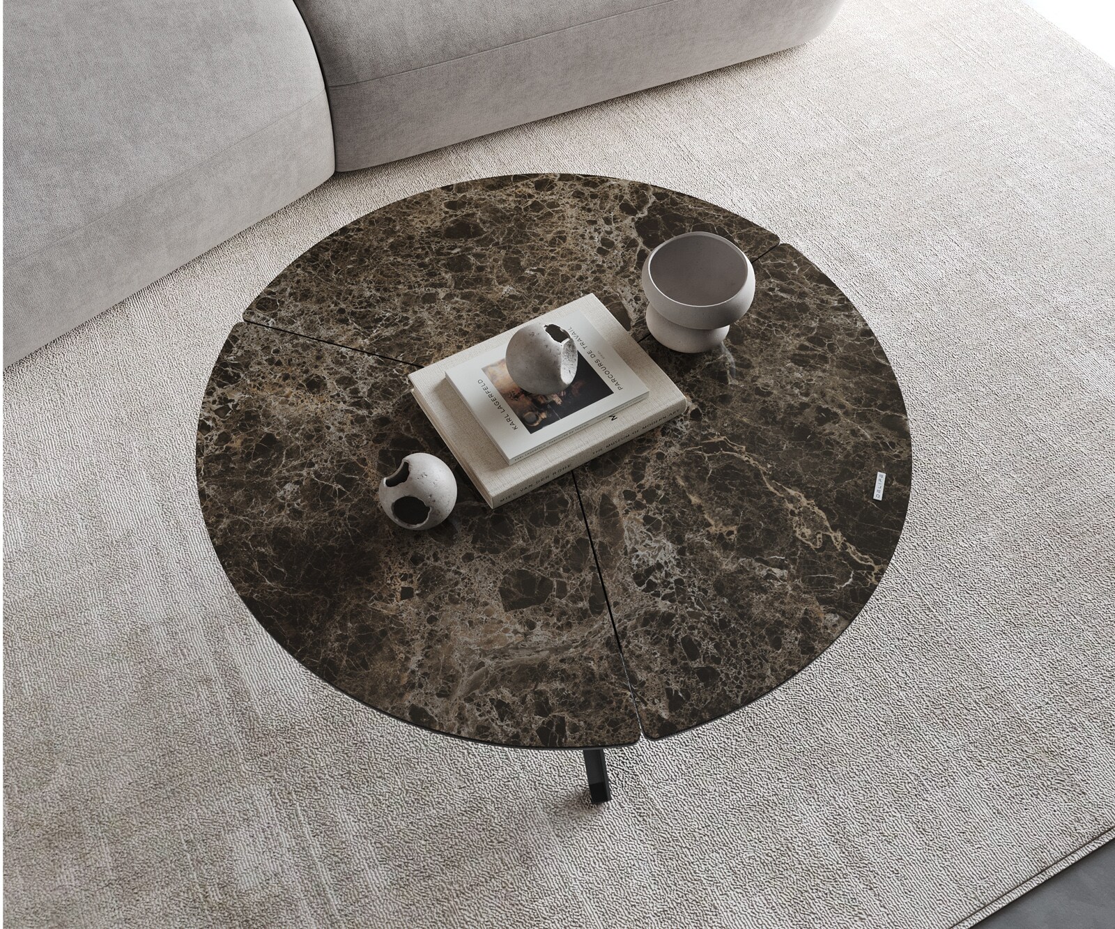 Масичка за кафе Delron 90x90 cm керамика Laminam®Emperador Extra Lucidato Тъмно кафяво Кръстосана основа Плосък метал Черен 2