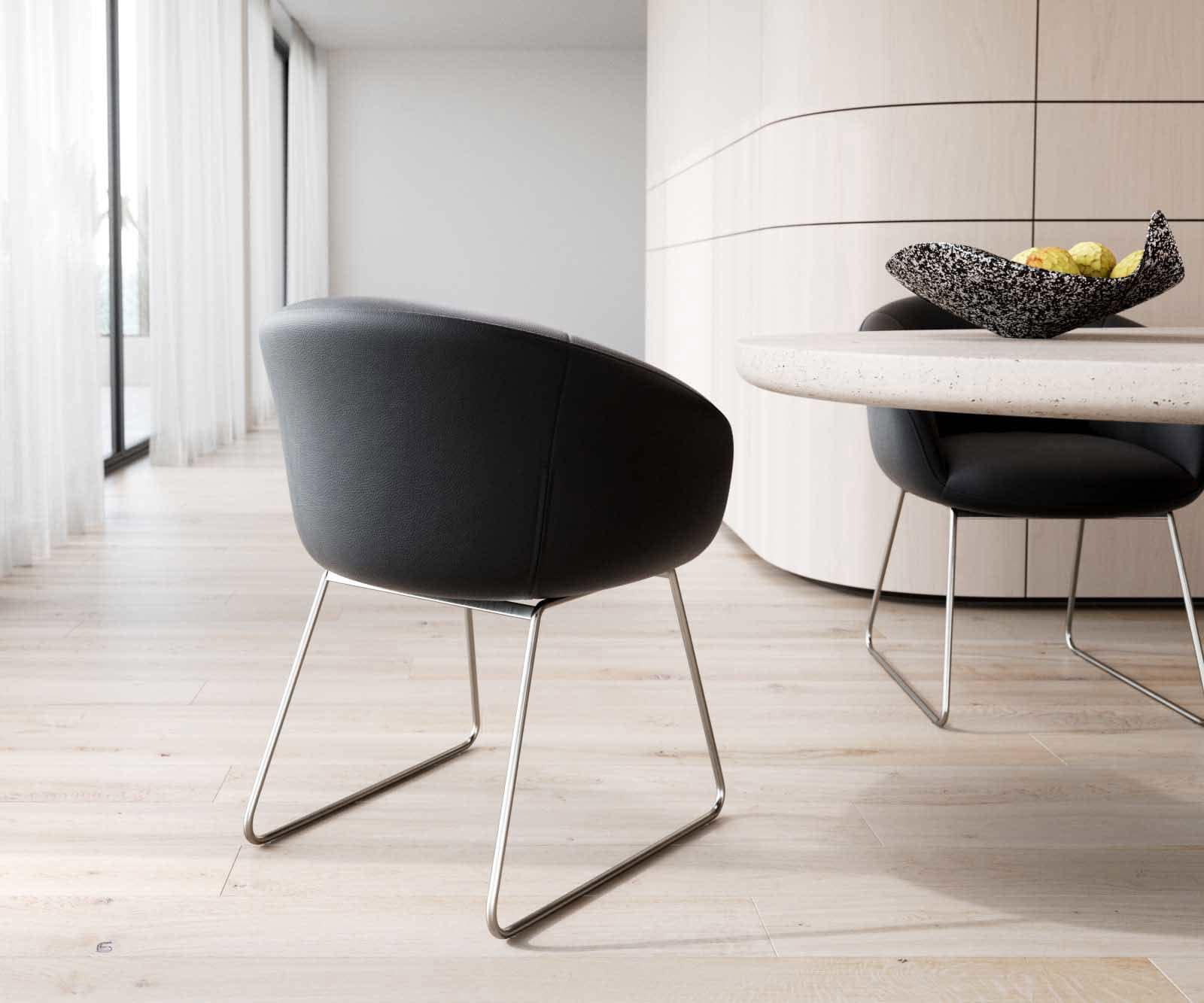 Трапезен стол с подлакътници Естествена кожа Черен Извити крака Неръждаема стомана Покет пружина Vinka-Flex 4 Трапезен стол с подлакътници Естествена кожа Черен Извити крака Неръждаема стомана Покет пружина Vinka-Flex 4