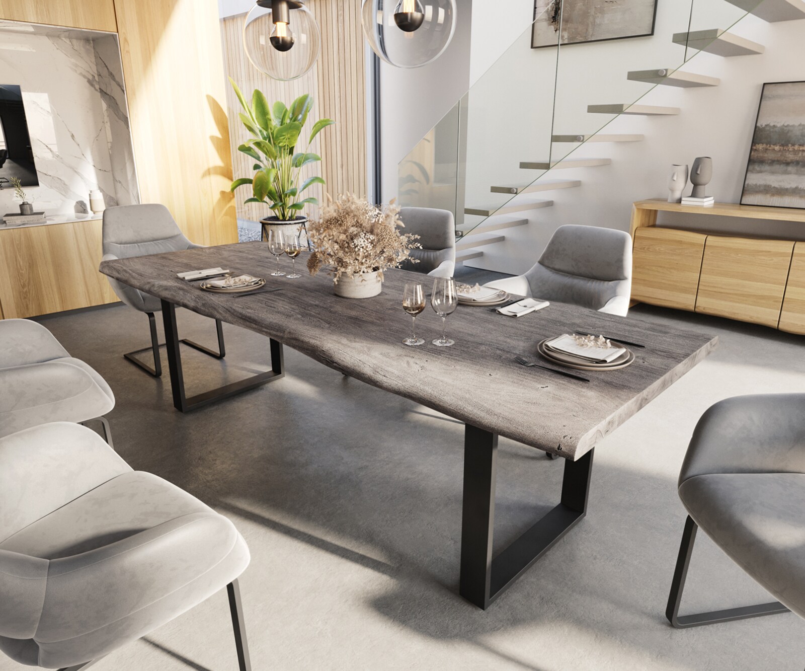 Трапезна маса Edge 260x100 XL от акация, платинен цвят, черни крака, с естествени ръбове