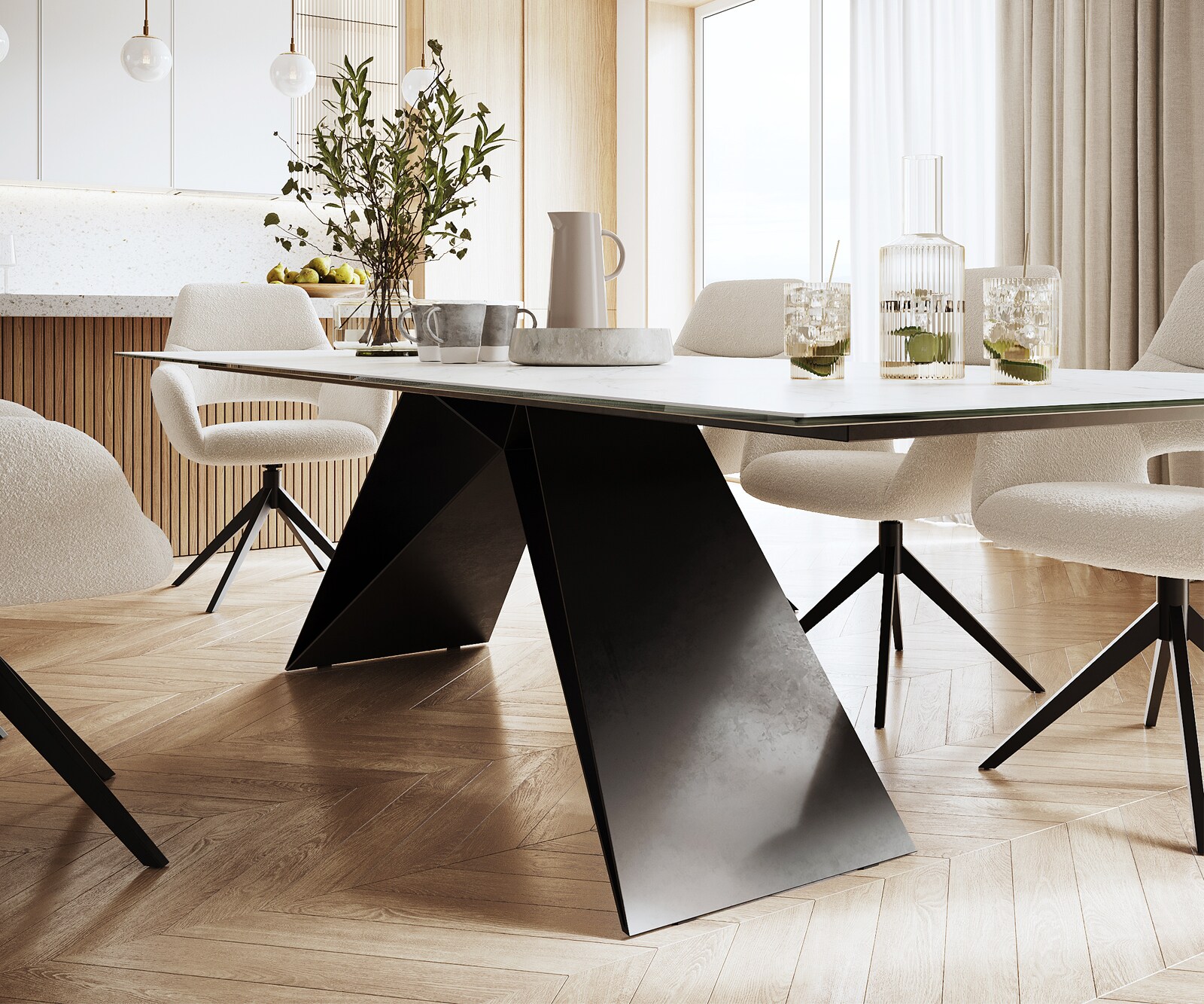 Маса 300x100cm Keramik Laminam®Statuarietto Бял V-среден крак Черен Edge 5