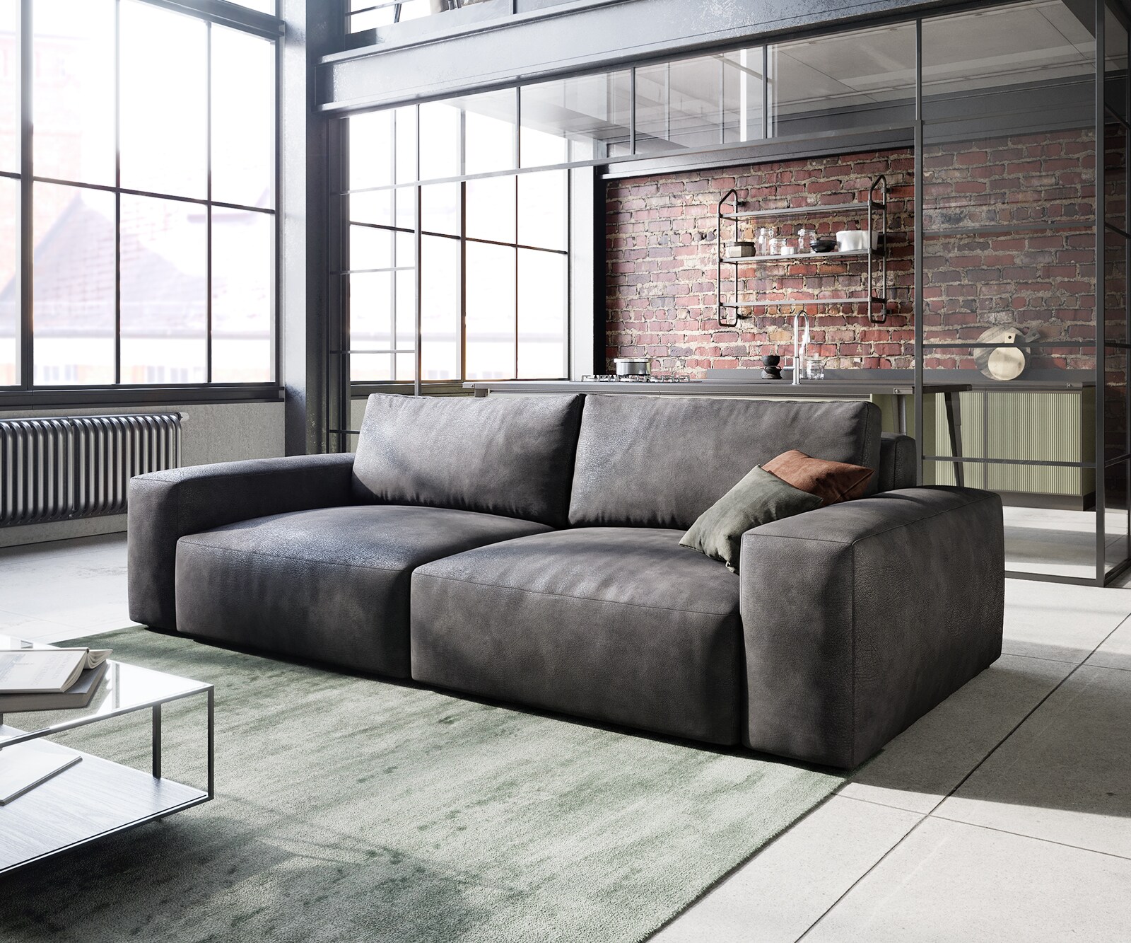 Голям диван Lanzo L 230x95 см Имитация на кожа Винтидж Антрацит 