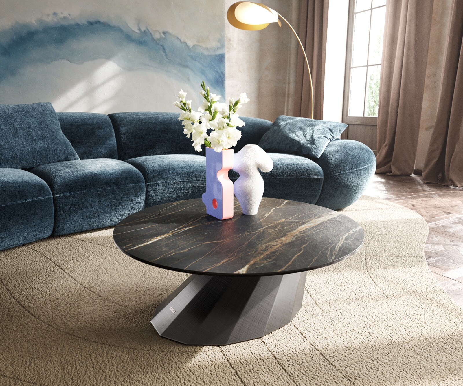 Масичка за кафе Edge Round 90x90 cm Ceramic Laminam® Noir Desir Brown Parabi Metallic Silver