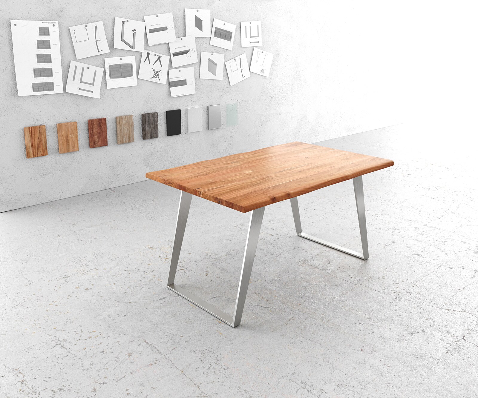 Маса 140x90cm Акация Натурал Неръждаема стомана Сребрист под ъгъл Edge 1