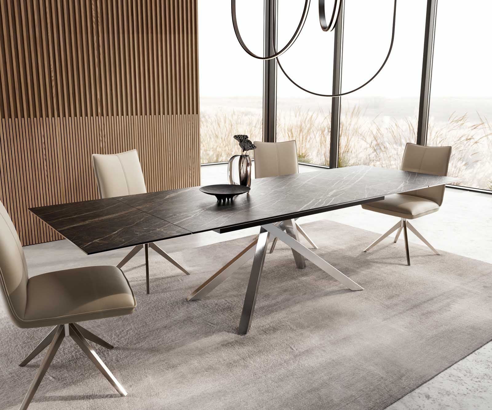 Разтегателна трапезна маса Edge 200-300х100 см Керамика Laminam®Noir Desir Тъмнокафяв Кръсртовидна основа Сребристосив 6