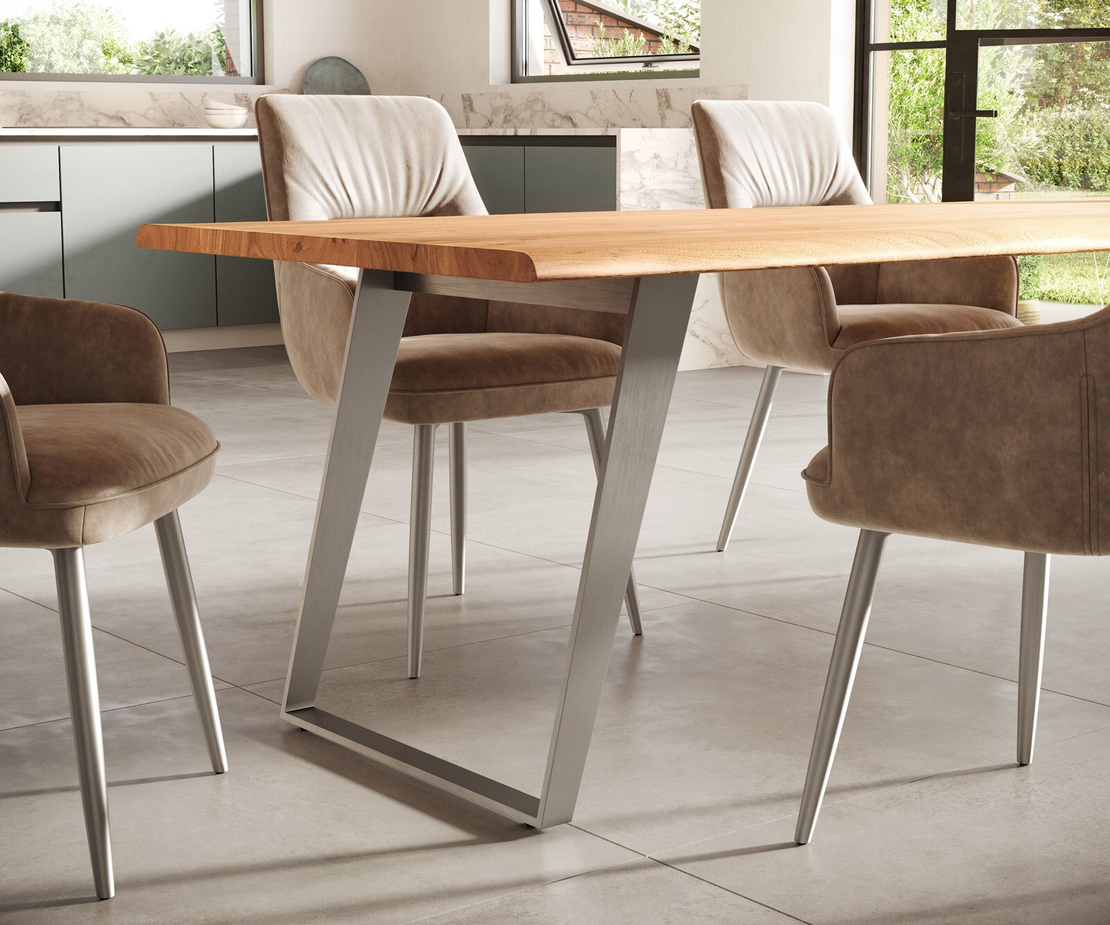 Маса 300x100cm Акация Натурал Неръждаема стомана Сребрист под ъгъл Edge 6