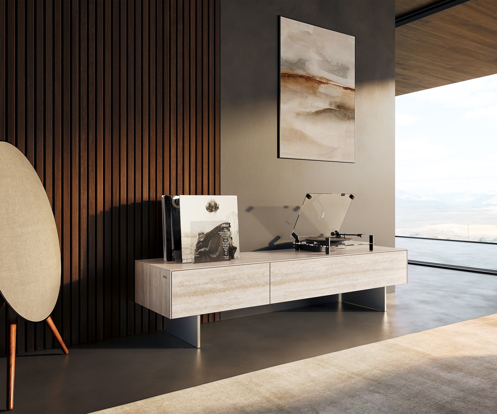 Ниска дъска Cuor 150 см Керамичен ламинат® Travertino Bianco Крем-бяло 1 клапа 1 чекмедже Основа Плаващ вид Неръждаема стомана