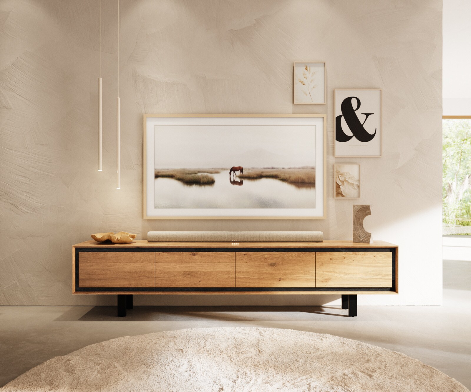 Нисък шкаф Stonegrace 200 см естествен дъб 4 врати квадратна метална основа черна 2