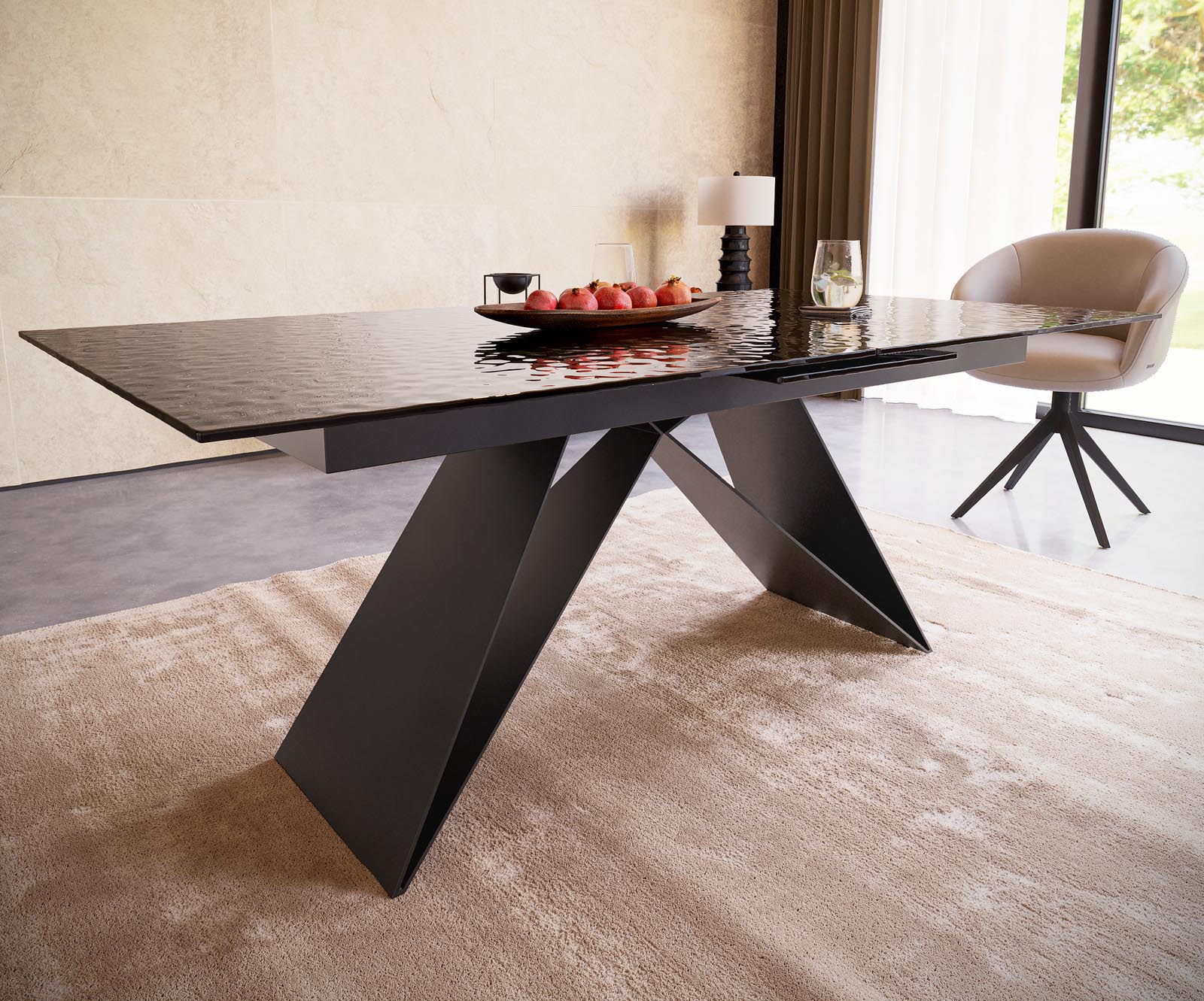 Маса 180-220x100 РелефноСтъкло ОпушеноЧерен 3D-Design V-Рамка плоска стомана Черен разтегателна Edge 4