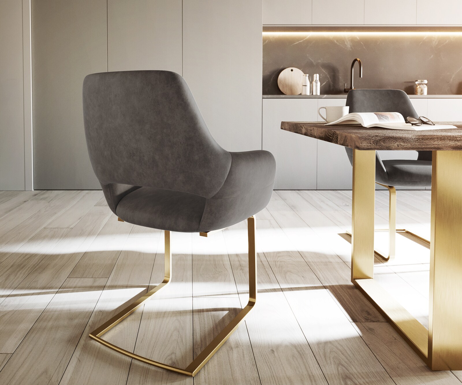 Люлеещ стол с подлакътници Антрацит Винтидж Конзолен крак плосък Злато Yago-Flex 5