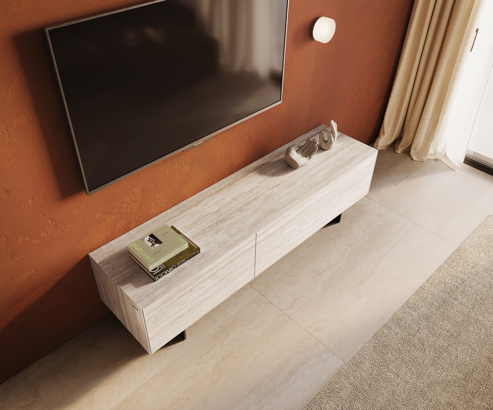 Ниска дъска Cuor 180 cm Керамичен ламинат® Travertino Bianco Крем-бяло 1 клапа 2 чекмеджета Основа Окачен вид Метал Черен 4