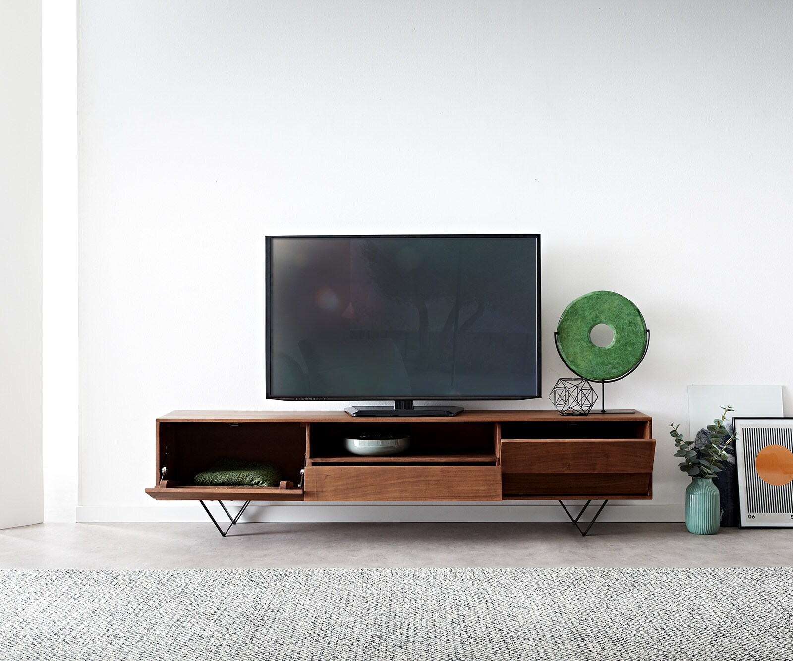 Нисък шкаф 200x35 cm Акация Кафяв 2 Врати 1 Чекмедже V-Крак Черен Eloi 3
