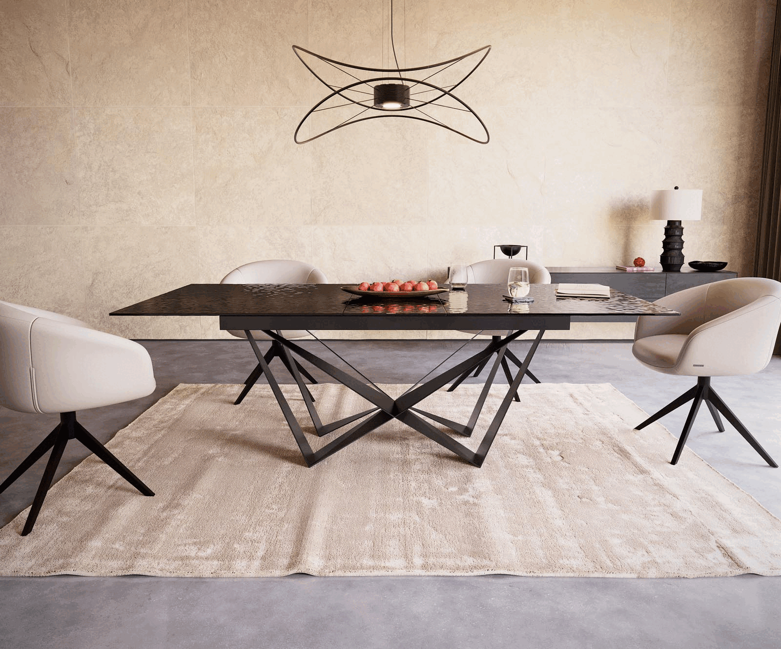Маса 180-220x100 РелефноСтъкло ОпушеноЧерен 3D-Design Spider плоска стомана Черен разтегателна Edge 1