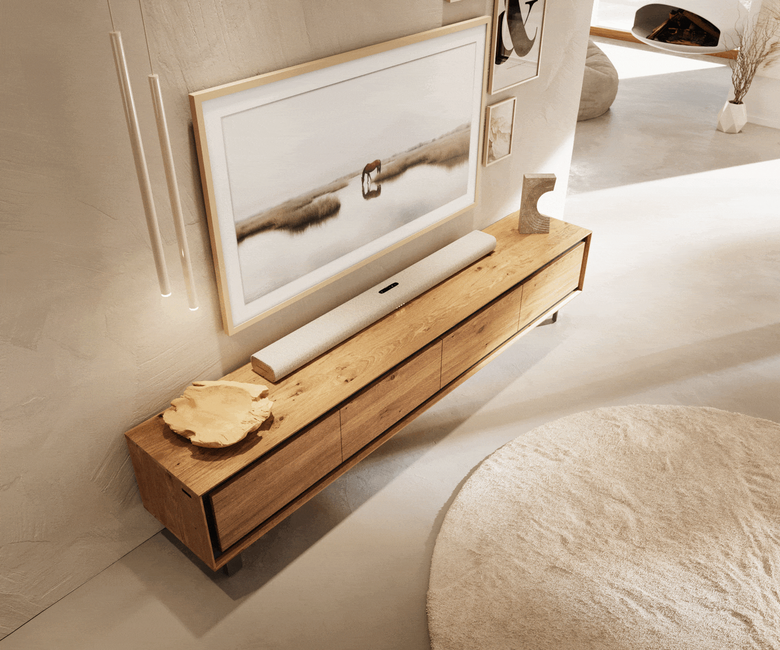 Ниска шкаф Stonegrace 200 cm естествен дъб 4 врати квадратна основа от неръждаема стомана 4