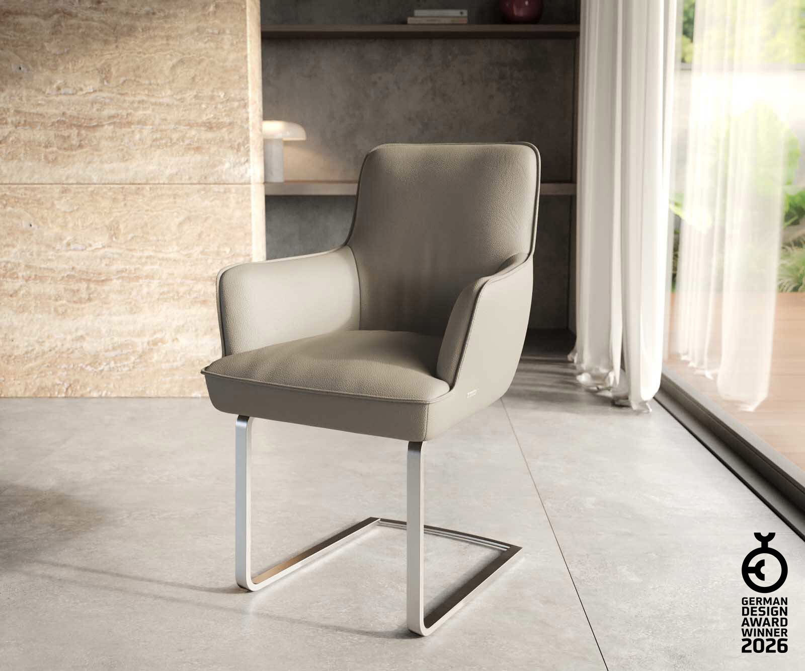 Люлеещ стол с подлакътници Естествена кожа Сиво-Кафяв Конзолен крак плосък Неръждаема стомана Покет пружина Heira-Flex