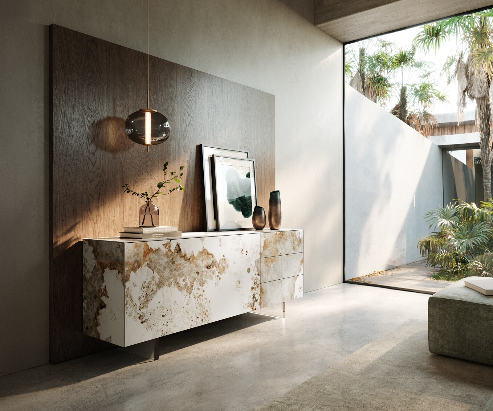 Бюфет Cuor 180 cm Керамичен Minas Melange Бяло-бежово 2 врати 3 чекмеджета Основа Плаващ вид акрилно стъкло