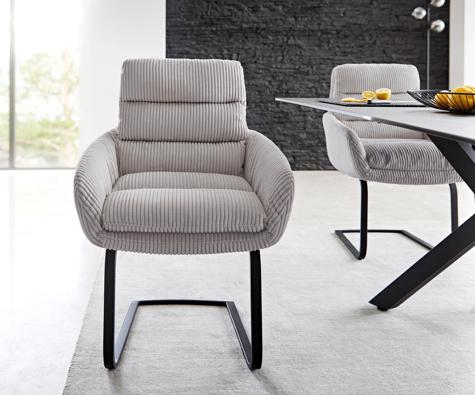 Люлеещ стол с подлакътници Корд Сребристо сив Конзолен крак плосък Черен Abelia-Flex 1 Люлеещ стол с подлакътници Корд Сребристо сив Конзолен крак плосък Черен Abelia-Flex 1