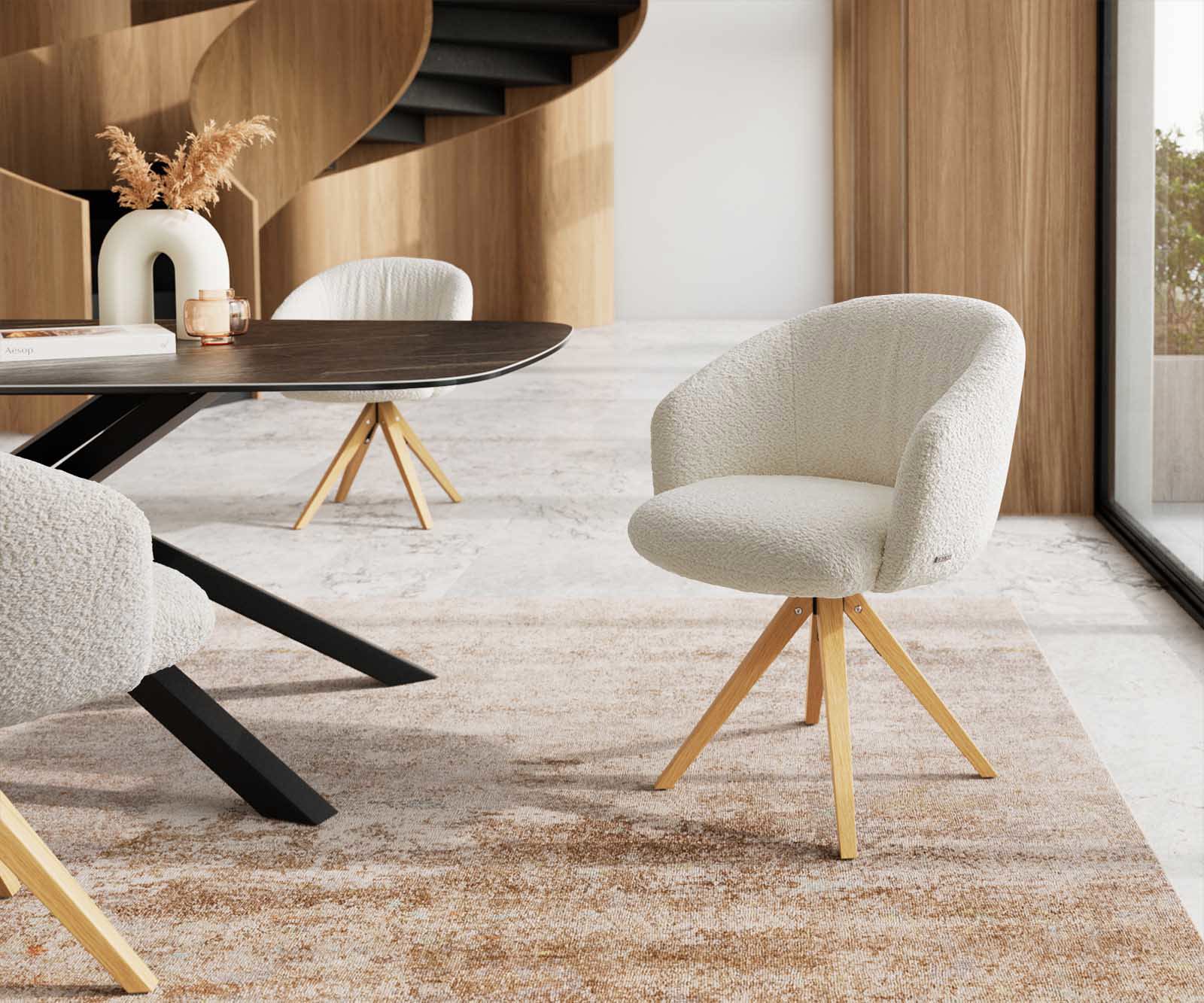 Врътящ се стол с подлакътници Букле Бял Дървена рамка  Натурал 180° въртящ се Покет пружина Caja-Flex Врътящ се стол с подлакътници Букле Бял Дървена рамка  Натурал 180° въртящ се Покет пружина Caja-Flex