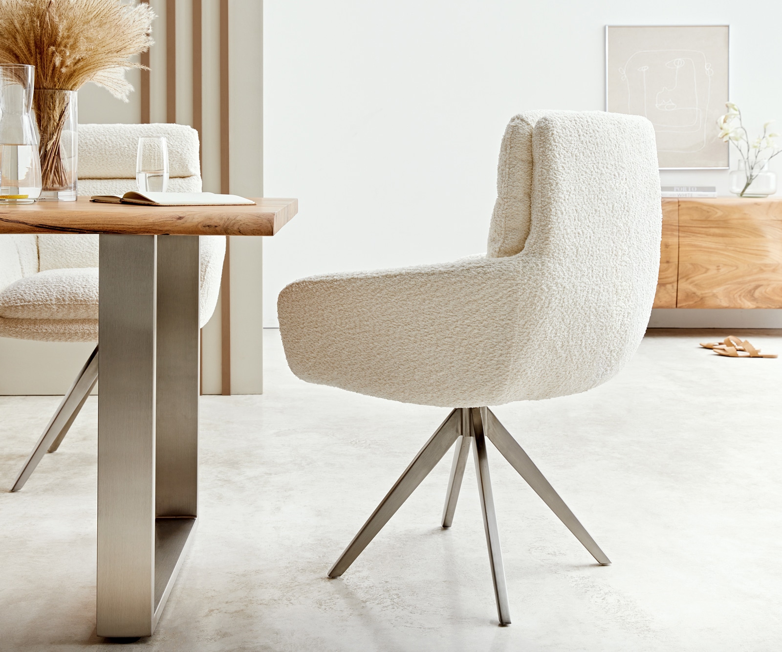 Врътящ се стол с подлакътници Букле Бял Конус крак  Неръждаема стомана 180° въртящ се Abelia-Flex 4 Врътящ се стол с подлакътници Букле Бял Конус крак  Неръждаема стомана 180° въртящ се Abelia-Flex 4