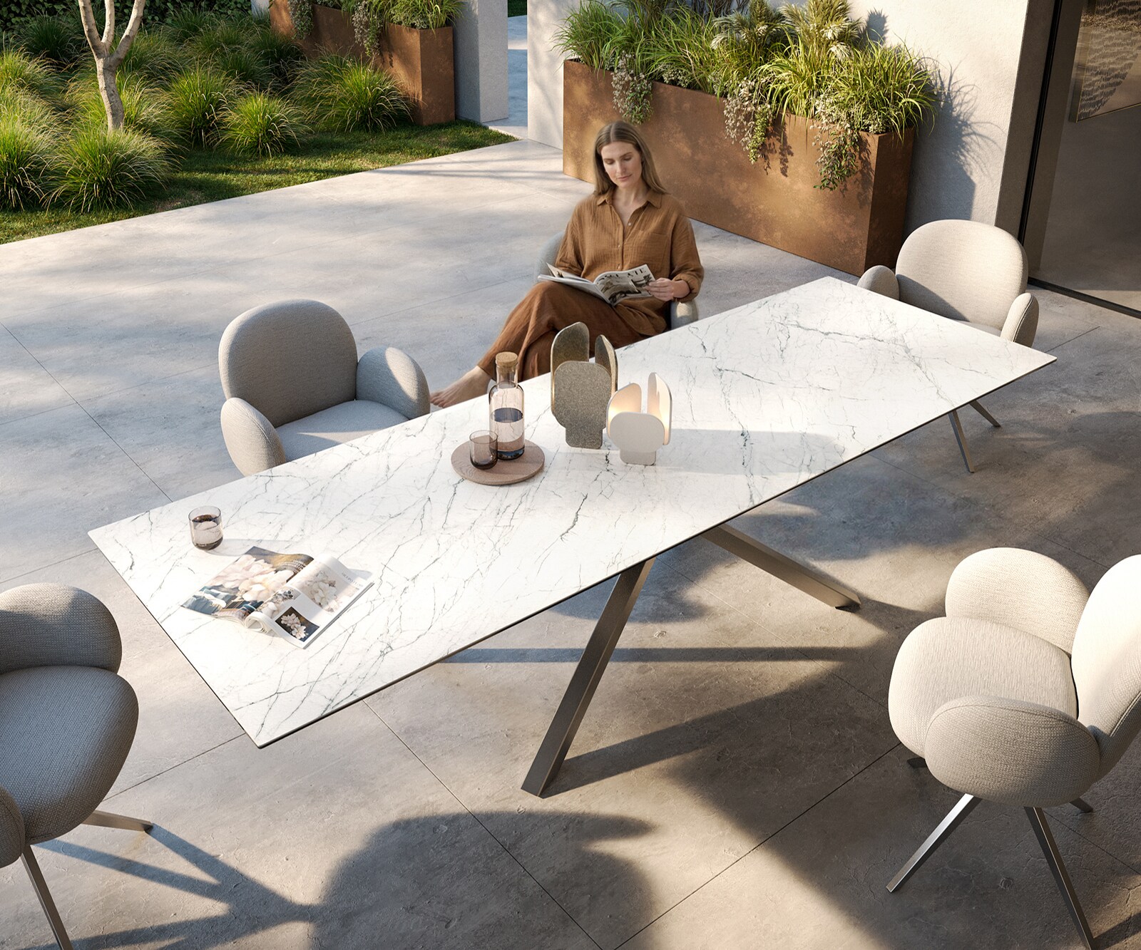 Луксозна външма маса Edge 300x100 см, керамичен правоъгълен плот Laminam ® Statuarietto, Кръстовидна основа, Бял/Сребристосив 3