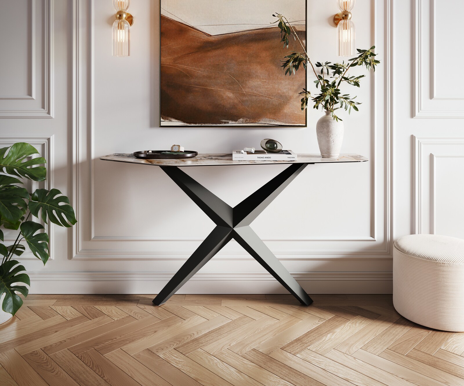 Конзолна маса Edge Polygonal 140x50 см, керамика Patagonia, полирана, метал Zentharo, черна 1