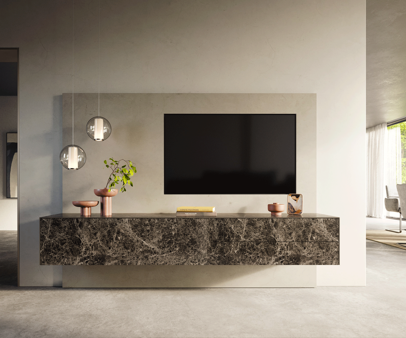 Стенен ТВ шкаф Cuor 220 см Керамика Laminam® Emperador Extra Lucidato Тъмно-кафяво 1 врата 2 чекмеджета  1