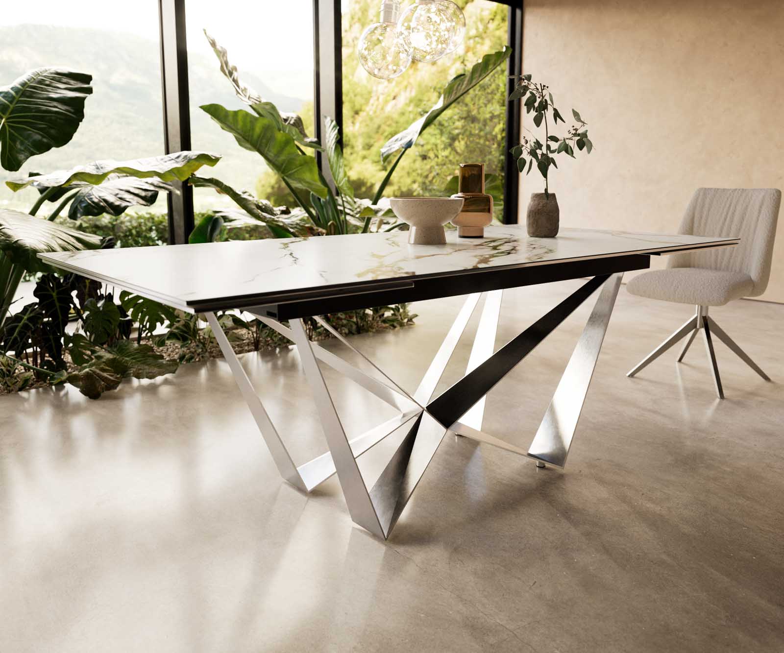 Разтегателна трапезна маса Edge 200-300x100 см Керамика Calacatta Luxe Бял-Злато-Сив Основа стомана тип Spider Сребристосив 6