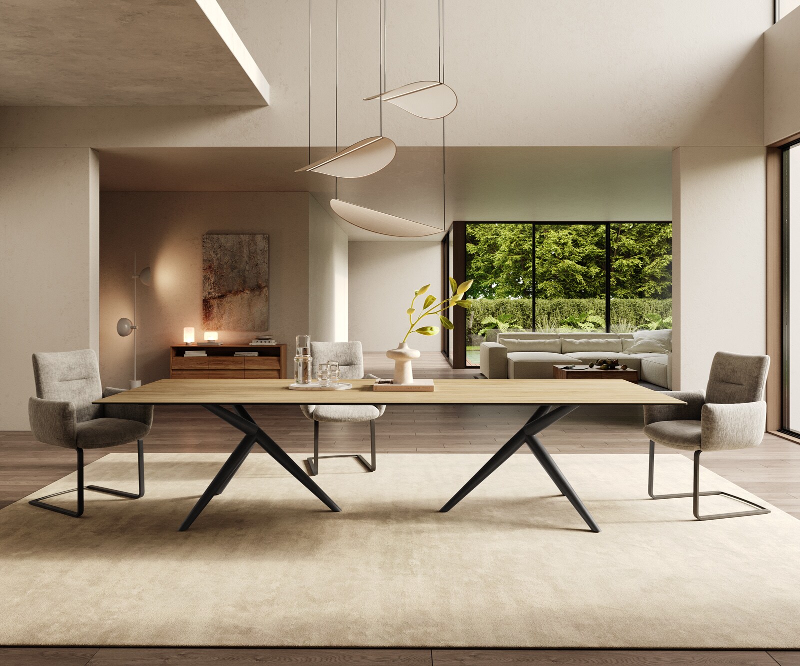Трапезна маса Edge 300x100, керамика Laminam „®“, цвят „Sabbia“ (дъбов), Estelar, кръгла, метал, черна 1