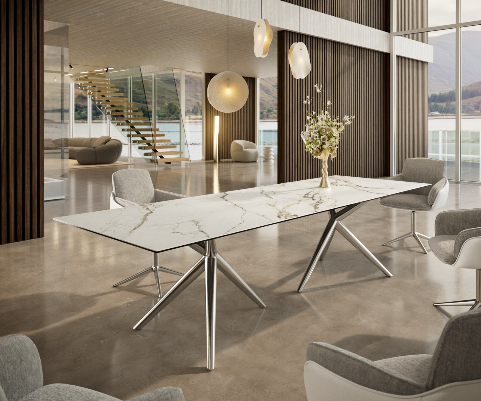 Трапезна маса Edge 300x100, керамика Calacatta Luxe, бяло-златно-сиво, Estelar, кръгла, от неръждаема стомана 1