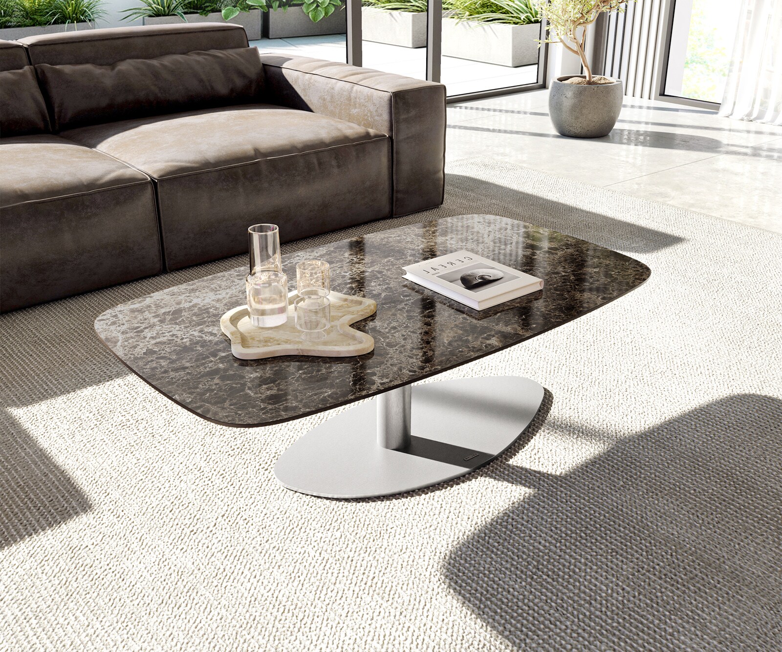 Масичка за кафе Edge Boot 120x70 cm Керамичен ламинат® Emperador Extra Lucidato Тъмно кафяво Vibany Матирана неръждаема стомана