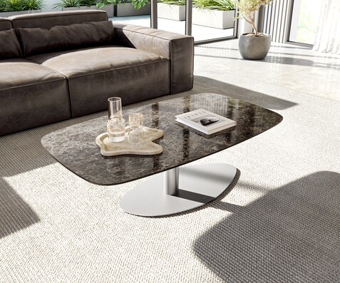 Масичка за кафе Edge Boot 120x70 cm Керамичен ламинат® Emperador Extra Lucidato Тъмно кафяво Vibany Матирана неръждаема стомана