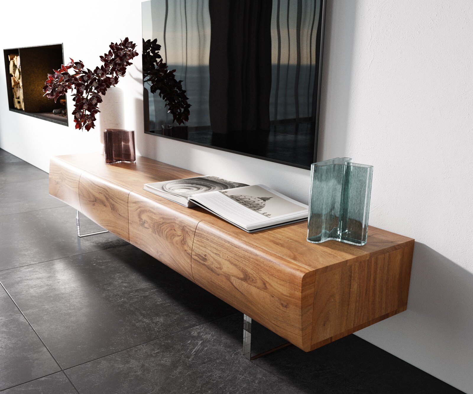 Нисък шкаф New Live-Edge 175 см, естествена акация, 4 врати, акрилна основа 1