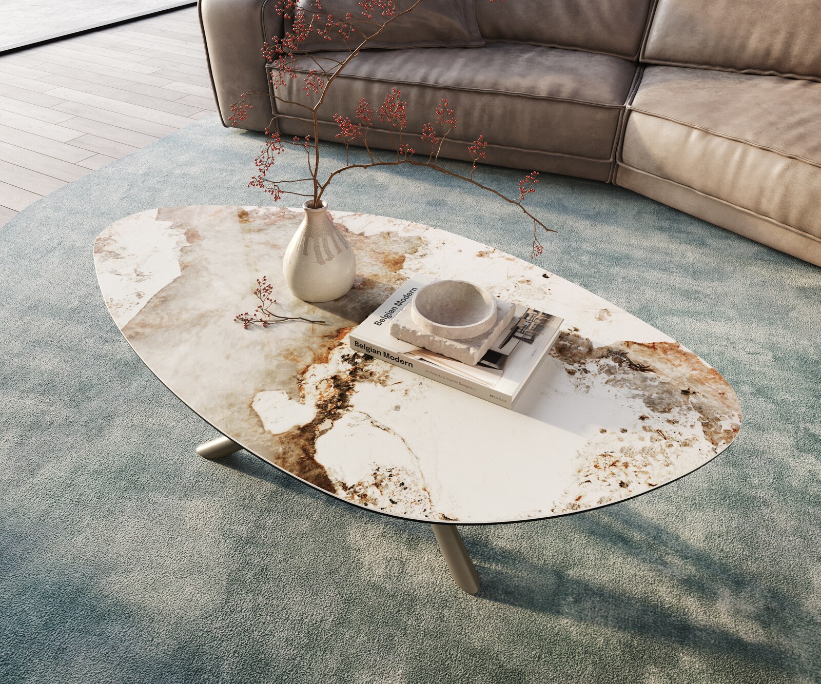 Масичка за кафе Edge Organic 140x76 cm керамика Minas Melange Sarity метален ефект покритие титан 4