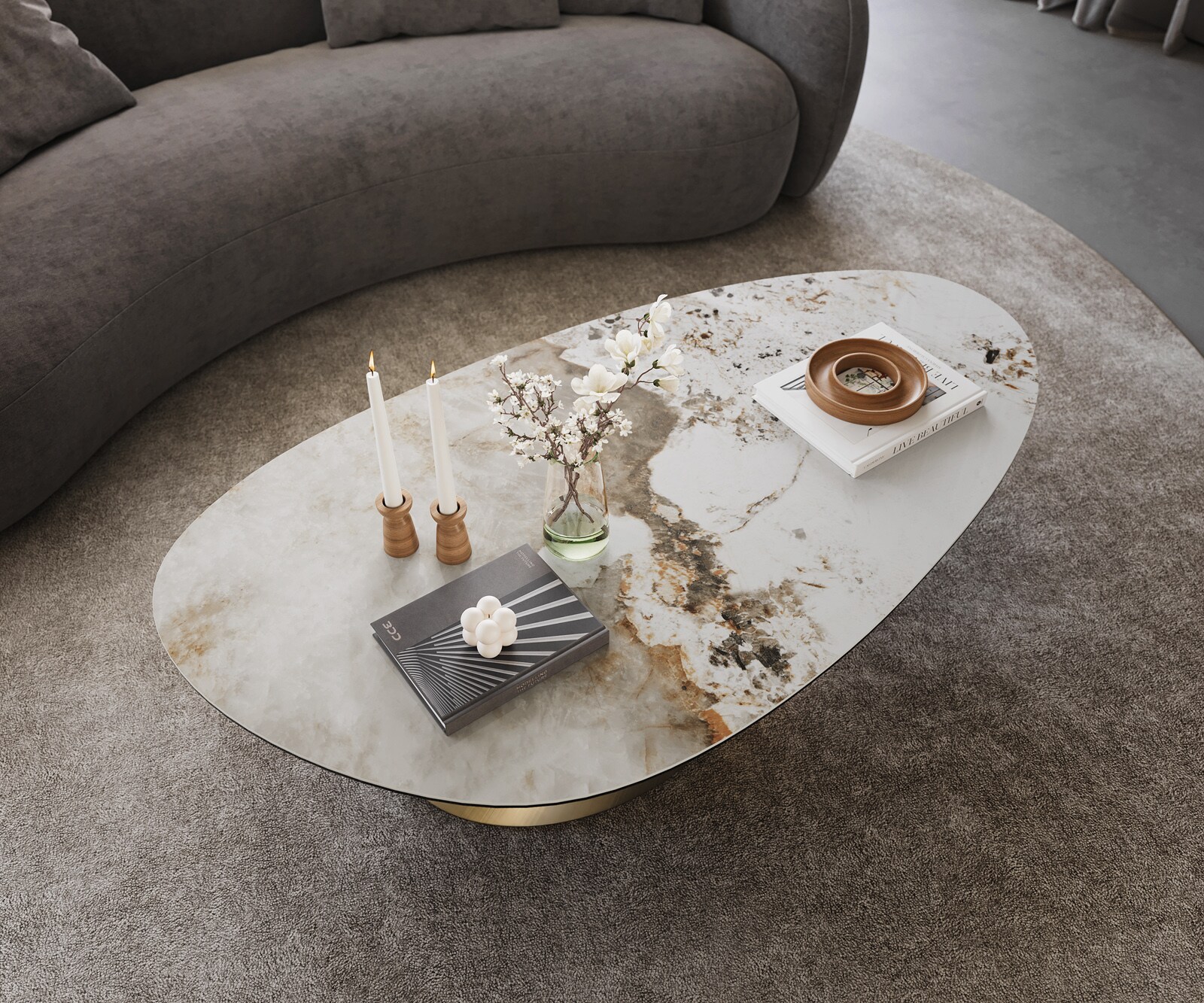 Edge Овална масичка за кафе 140x75 cm керамика Minas Melange Conis Metallic Gold 3