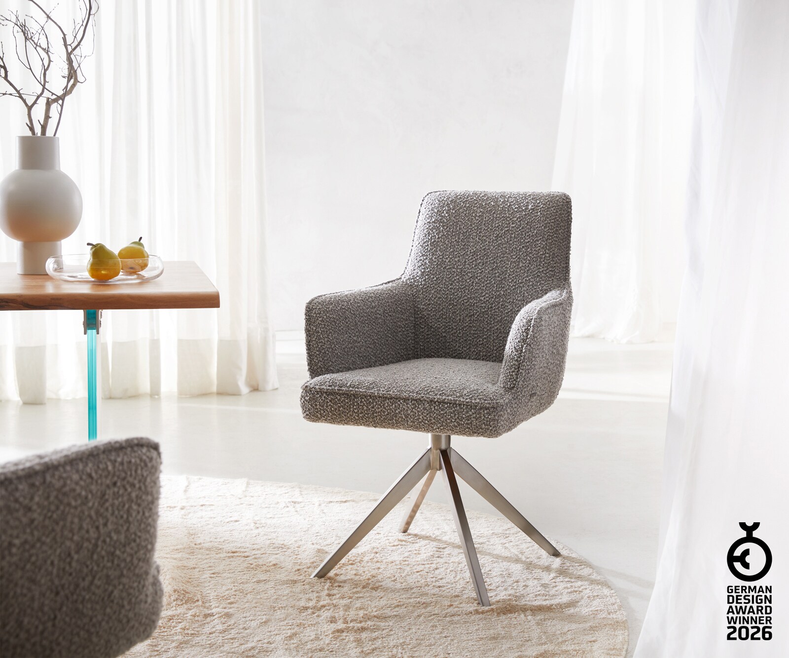 Врътящ се стол с подлакътници Букле СребристСив Конус крак плосък Неръждаема стомана 360° въртящ се Покет пружина Heira-Flex