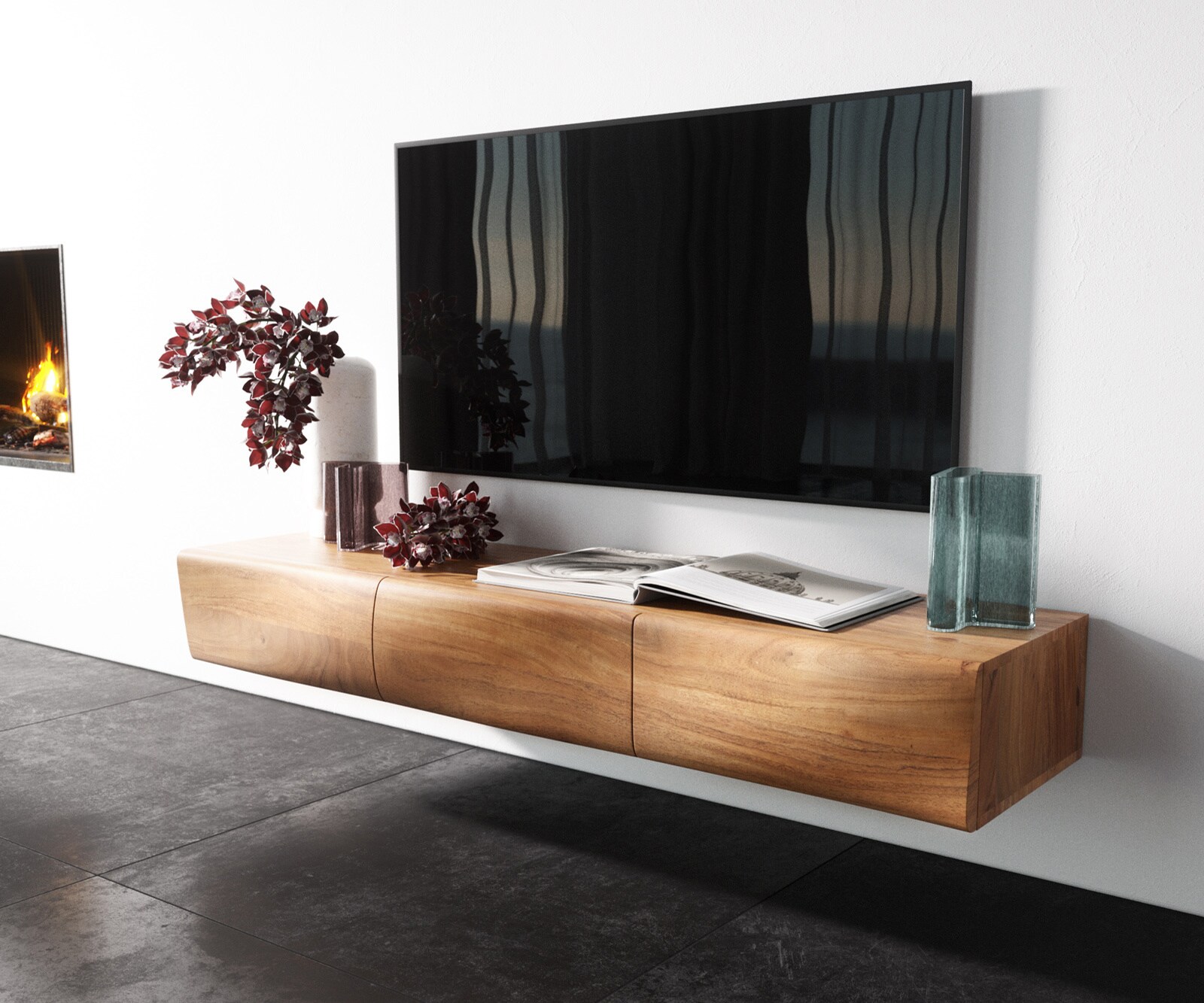 Стенен ТВ шкаф New Live-Edge 145 cm, Естествен ръб, Масив Акация, 3 Врати, Натурален  