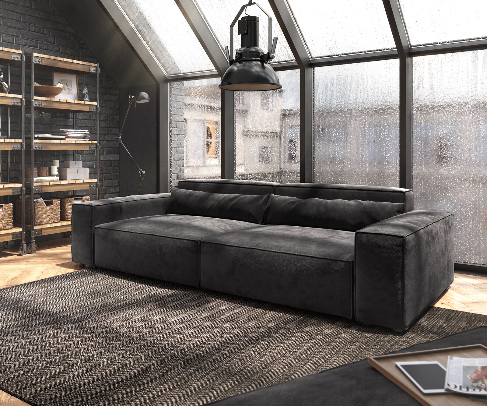 Голям диван XL 270x130 cm Микрофибър Черен с табуретка Sirpio