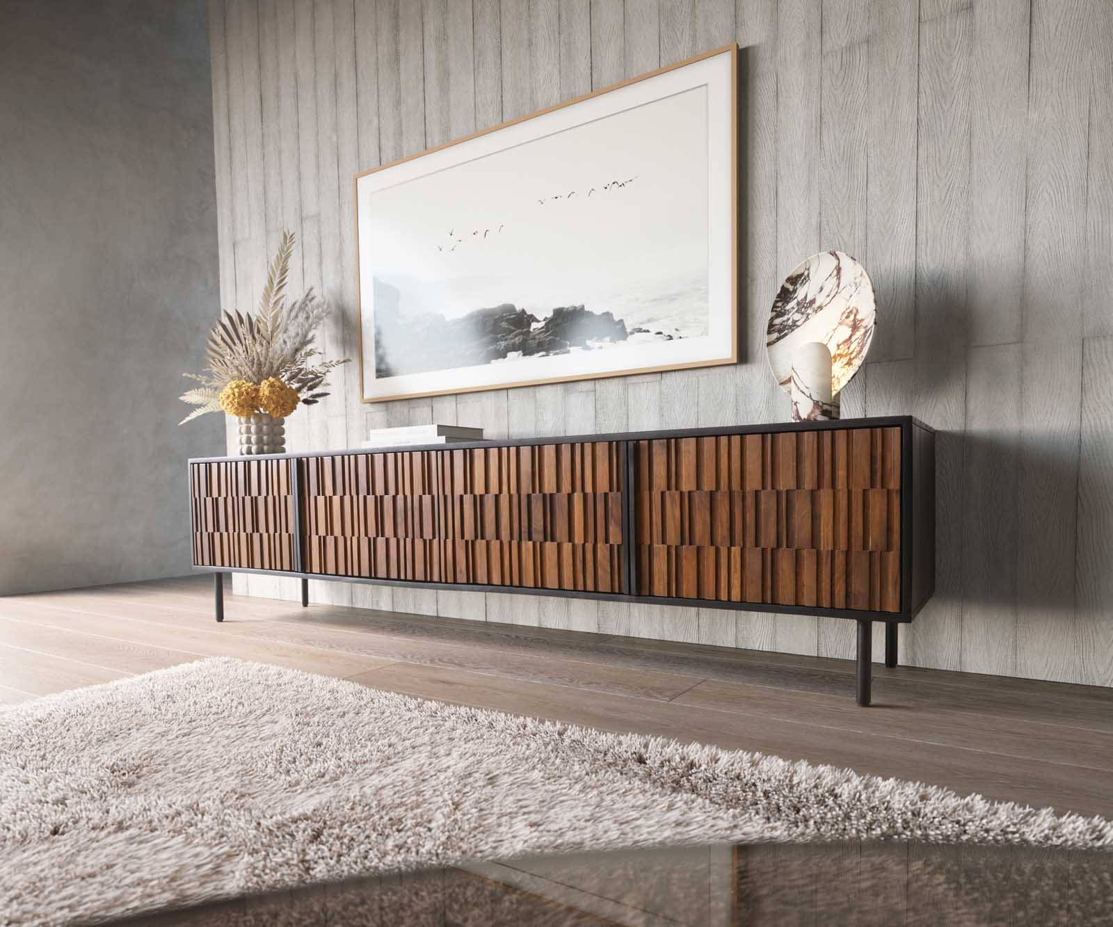 ТВ шкаф Kallam 200 cm шишам орех манго черно метал черно 4 врати 1