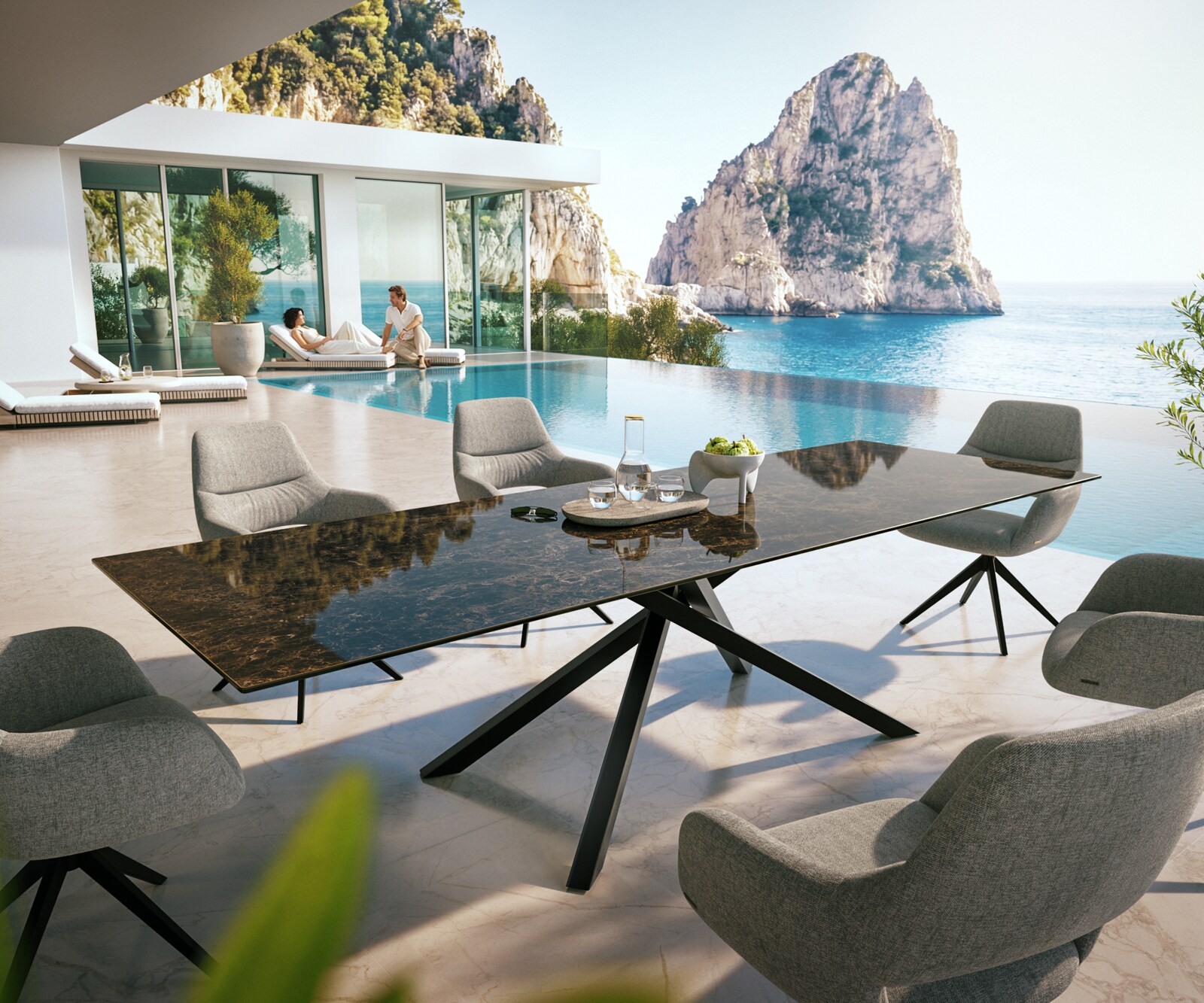 Маса Edge 300x100 см, керамика Laminam „®“, Подходяща за външна употреба, Emperador Extra Lucidato, тъмнокафяво, кръстосана рамка, правоъгълна, черна 1