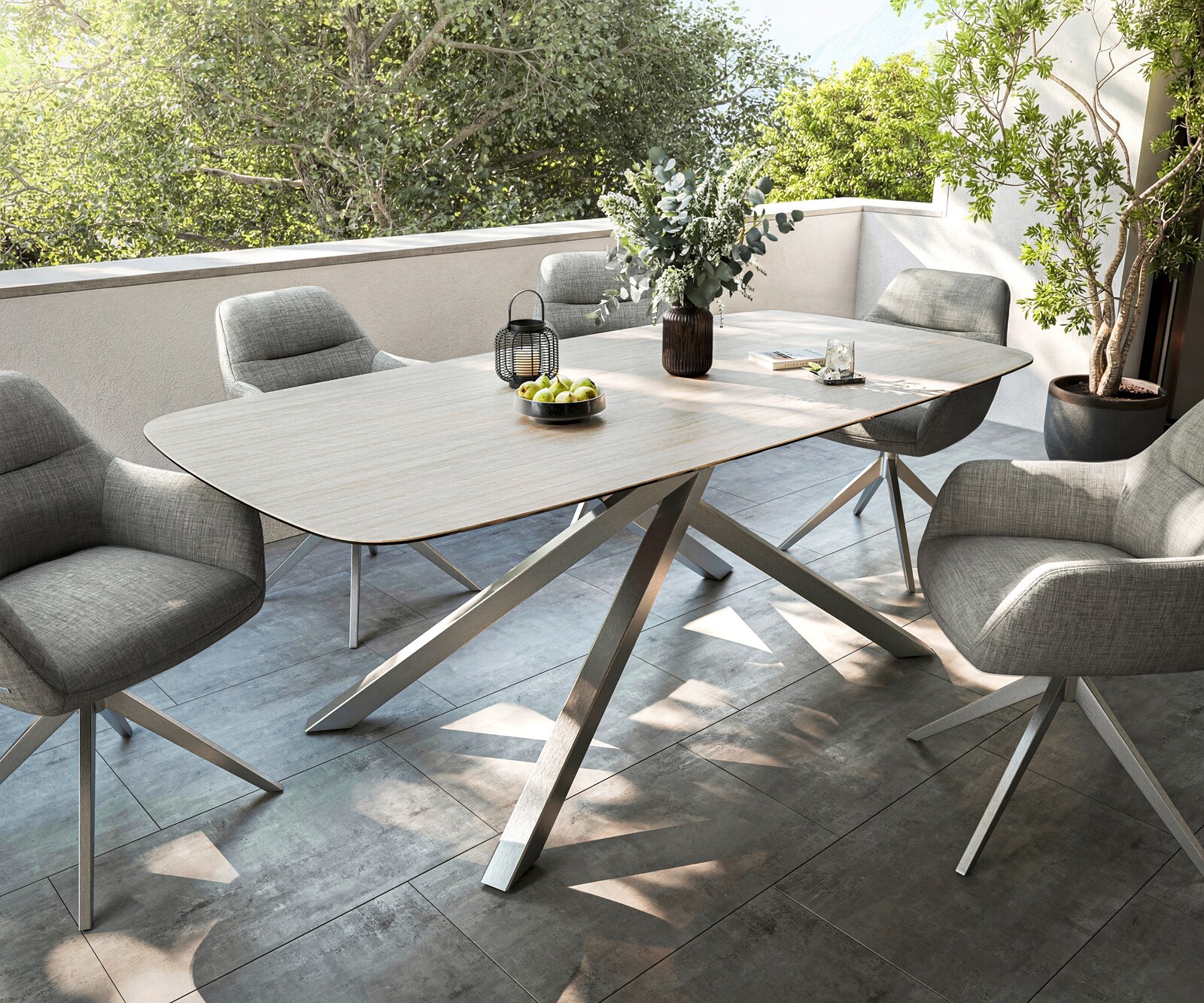 Луксозна външна маса Edge Boot 200x100 см керамичен заоблен плот Laminam ® Travertino Bianco, Кръстовидна основа, Крем-бяло/Сребристосив