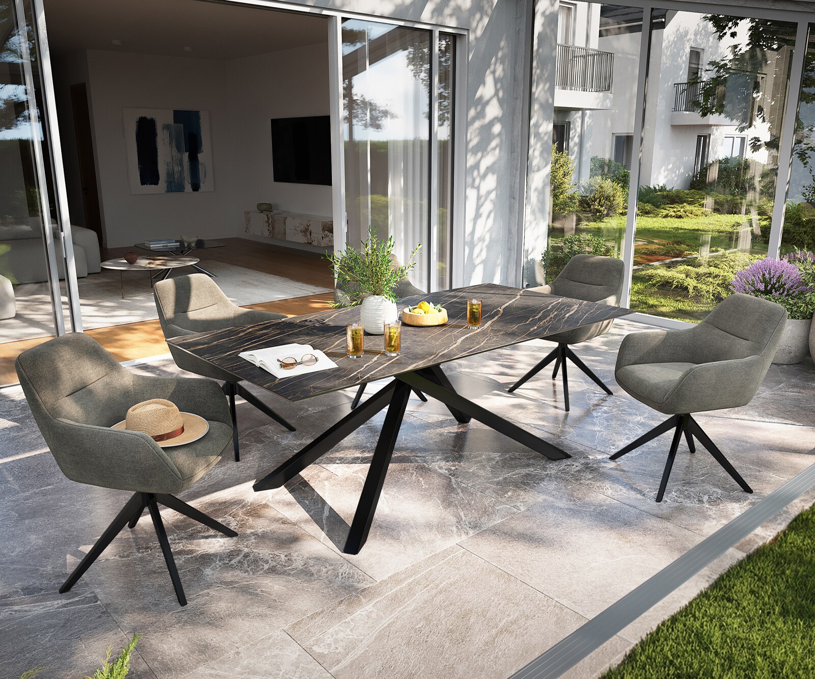 Луксозна външна маса Edge 200x100 см с керамичен правоъгален плот Laminam® Noir Desir, Кръстовидна основа, Кафява/Черна