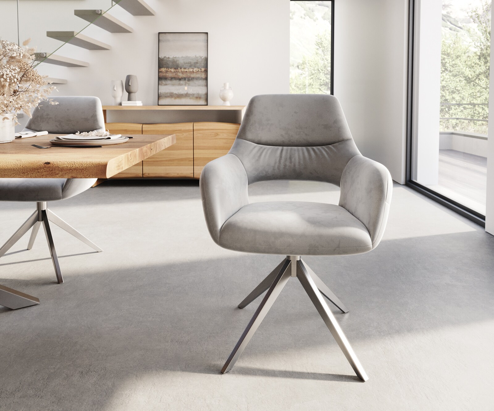 Врътящ се стол с подлакътници Кадифе Сив Конус крак плосък Неръждаема стомана 360° въртящ се Yago-Flex 2 Врътящ се стол с подлакътници Кадифе Сив Конус крак плосък Неръждаема стомана 360° въртящ се Yago-Flex 2