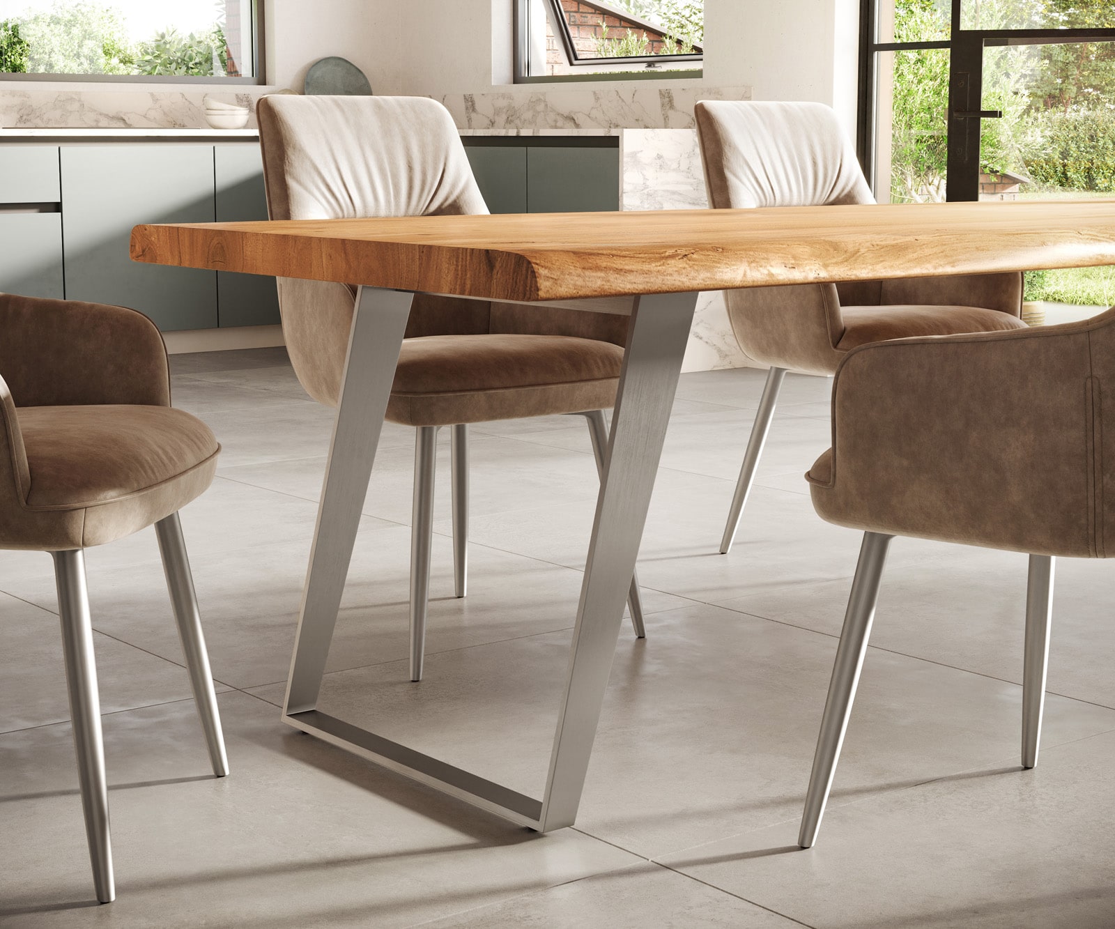 Маса 300x100cm XL Акация Натурал Неръждаема стомана Сребрист под ъгъл Edge 5