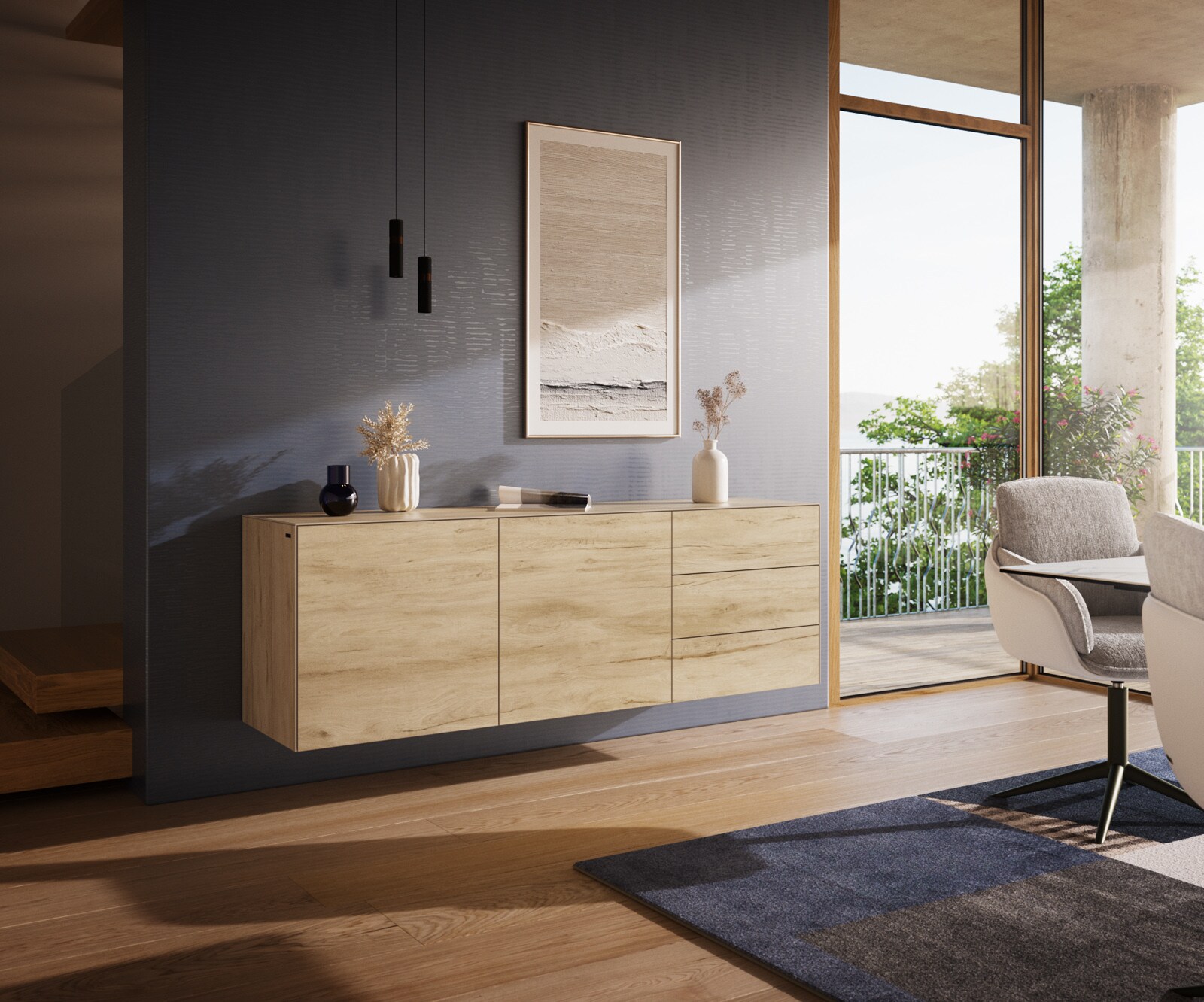 Стенен Бюфет Cuor 180 см Керамика Laminam® Sabbia Дъб 2 врати 3 чекмеджета 