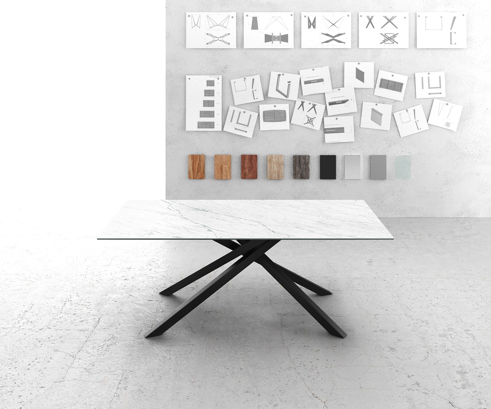 Маса 200x100cm Keramik Laminam®Statuarietto Бял среден крак Кръст Черен Edge 1