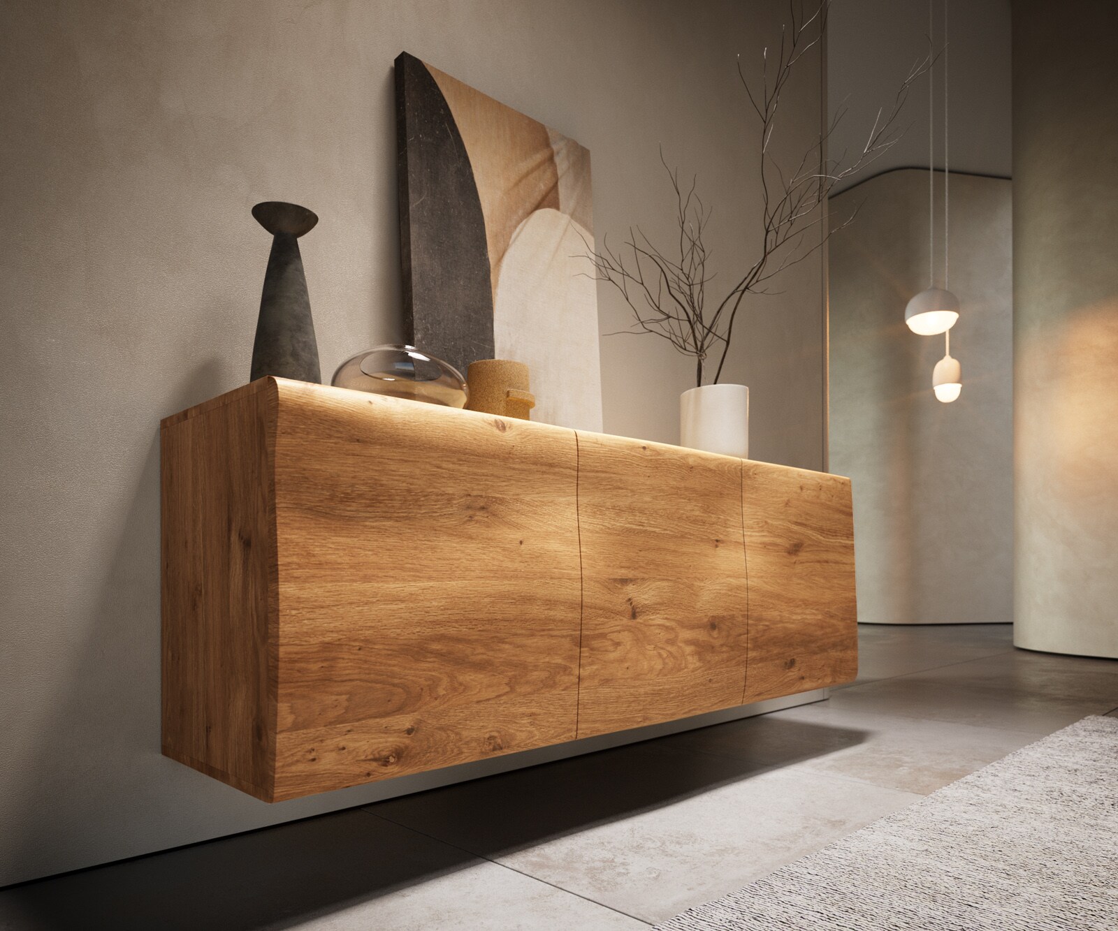 Стенен шкаф New Live-Edge 145 cm, Дъб Масив, 3 вратички, Натурален цвят 4