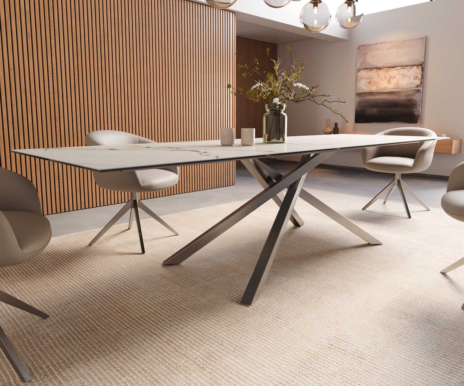 Трапезна маса Edge 300x100, керамика Calacatta Luxe, бяло-златно-сиво, кръстообразна рамка, правоъгълна, неръждаема стомана 7