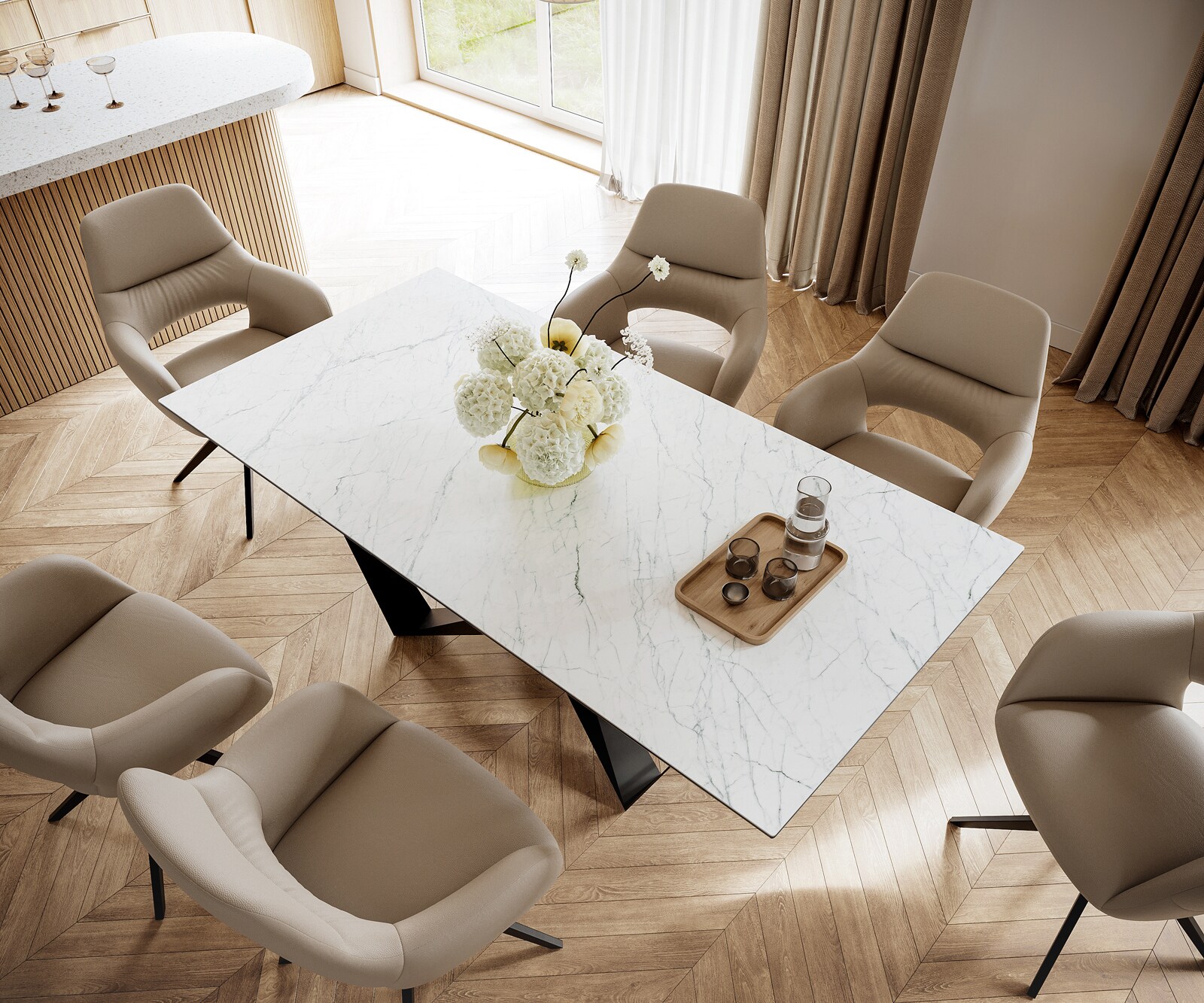 Маса 200x100cm Keramik Laminam®Statuarietto Бял среден крак плоска стомана Черен Edge 3